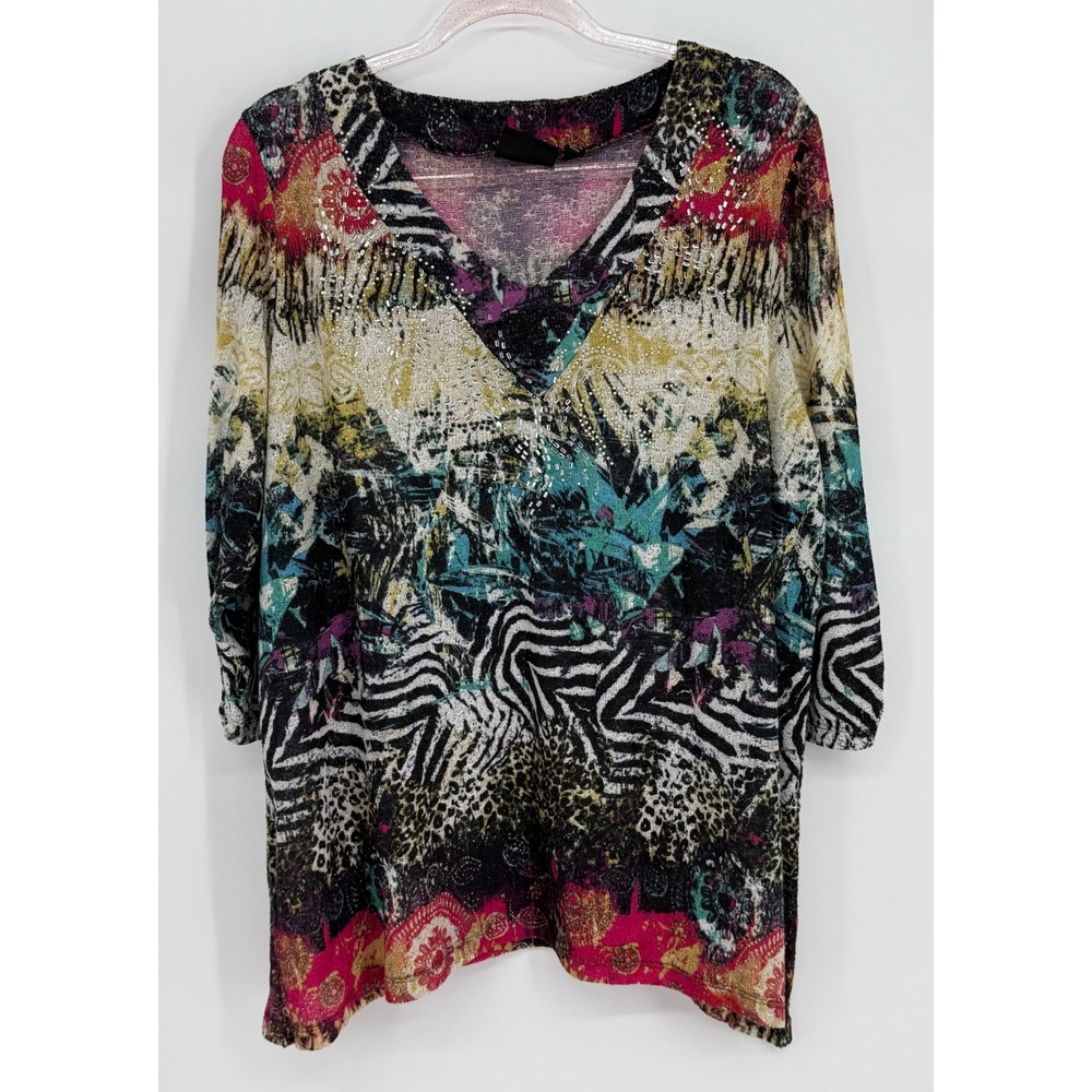 Onque‎ Casual Womens Tunic Multicolor Mixed Media Animal Print Rhinestone Sz 2X
